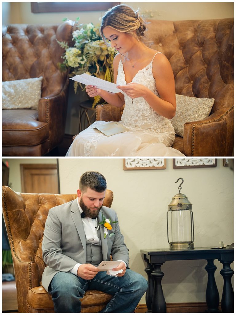 bride and groom reading letters from each other