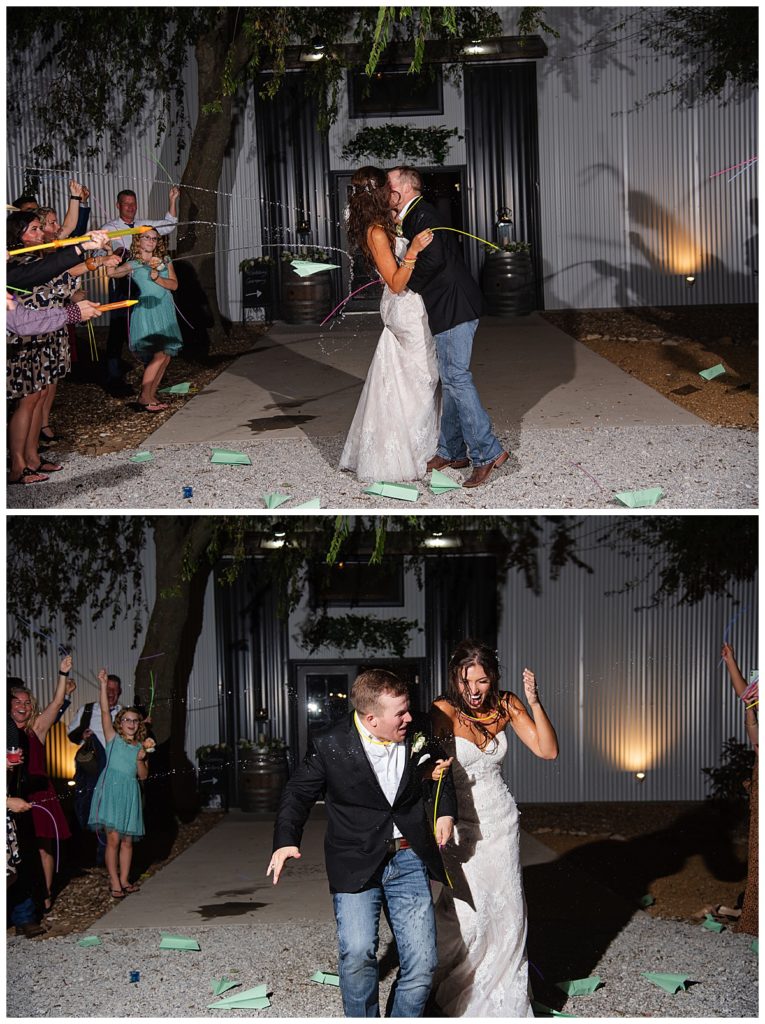 Bride and groom exit with glow sticks and paper airplanes, and water guns