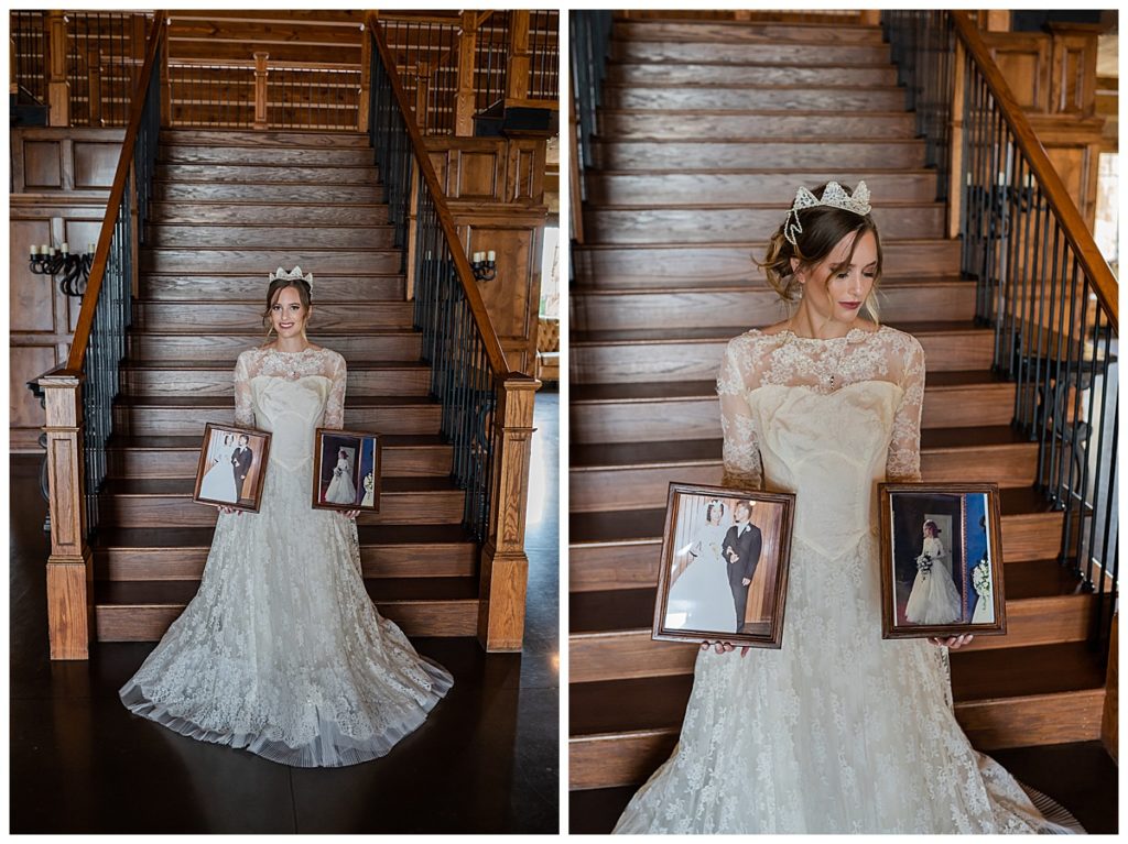 Bride in grandma's 60 year old wedding dress holding photos of her grandma and mom in the same dress