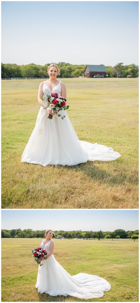 bride alone with colorful bouquet 