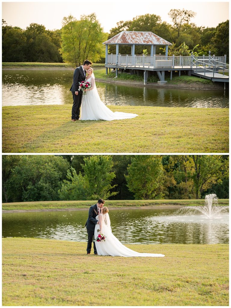 bride and groom by the pond by Dallas Wedding Photographers 