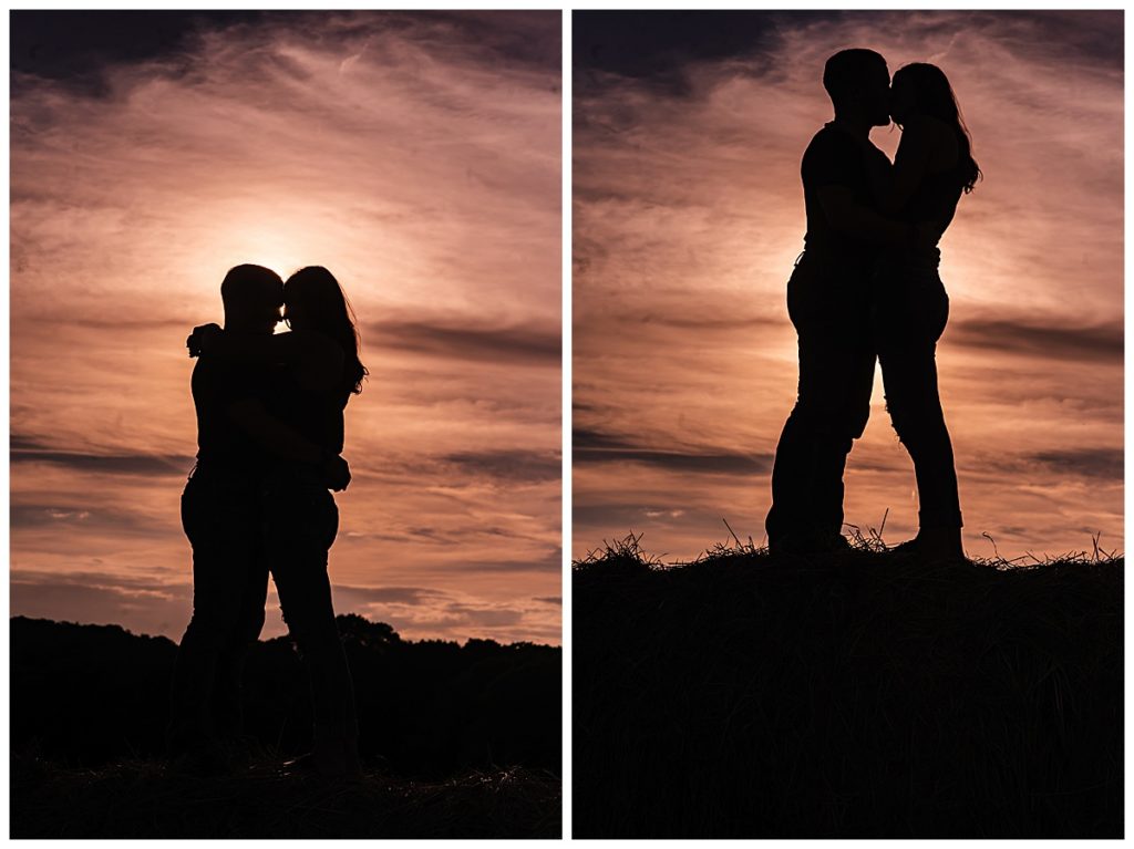 Silhouette engagement photos on hay bail 