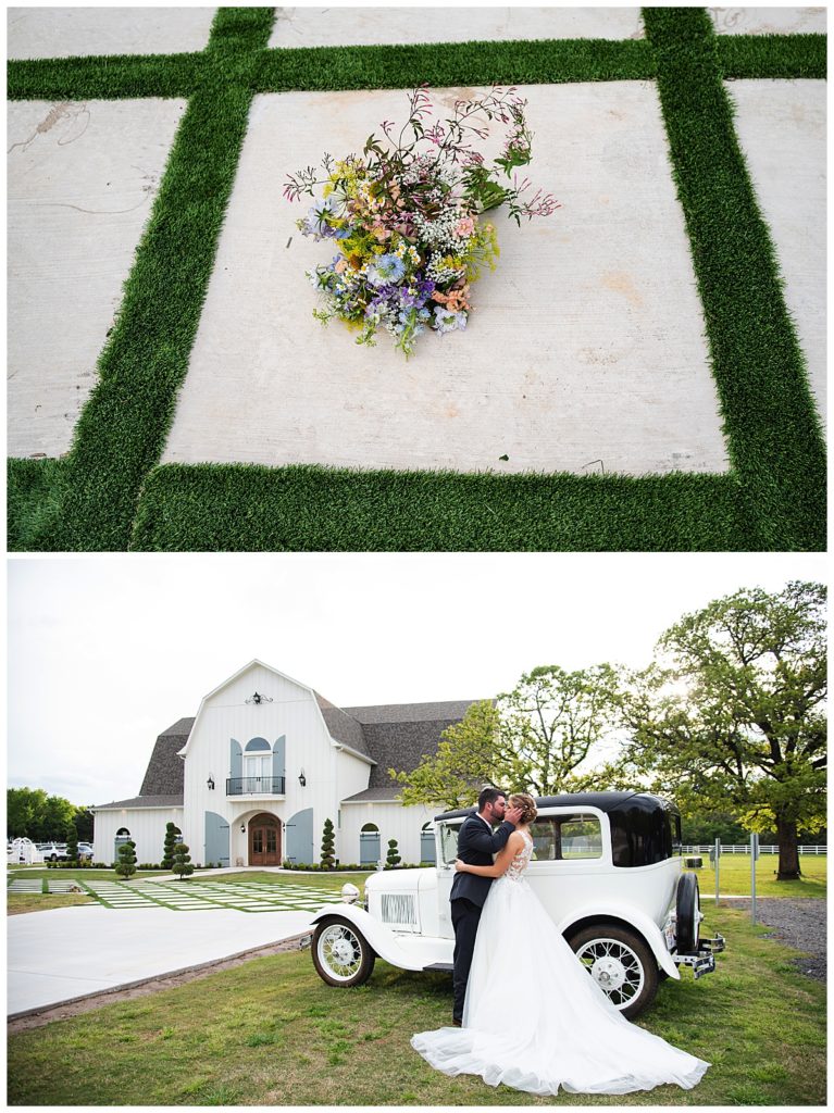 bride and groom with vintage car and wildflower bouquet