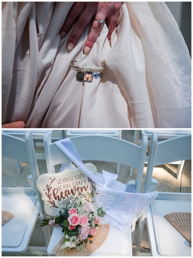 bride's pin inside her dress of a photo of her mother; late mother's chair at ceremony