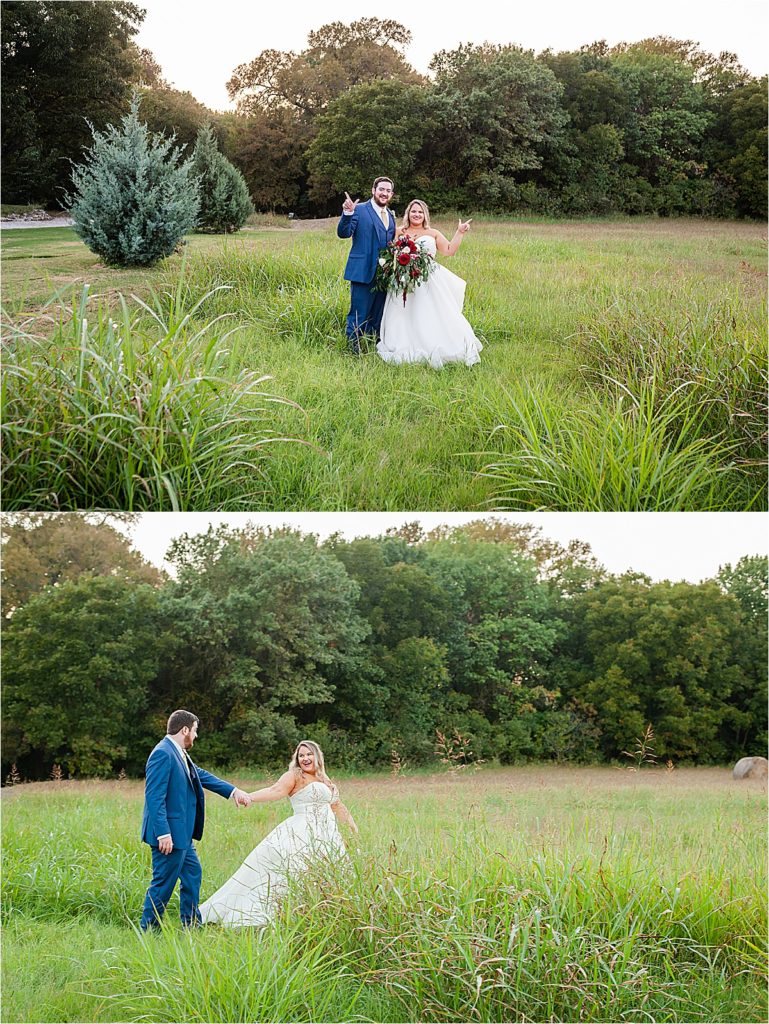 bride and groom in field at Hollow Hill 