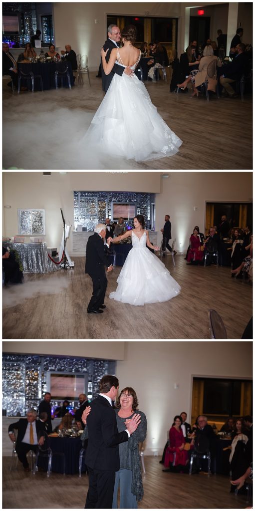 Bride and father, bride and grandfather, groom and mother dances. 