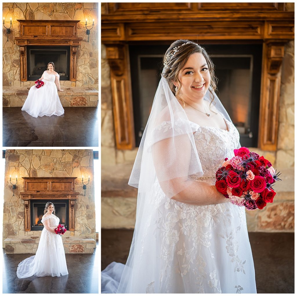 Lodge Bridals in front of the fireplace