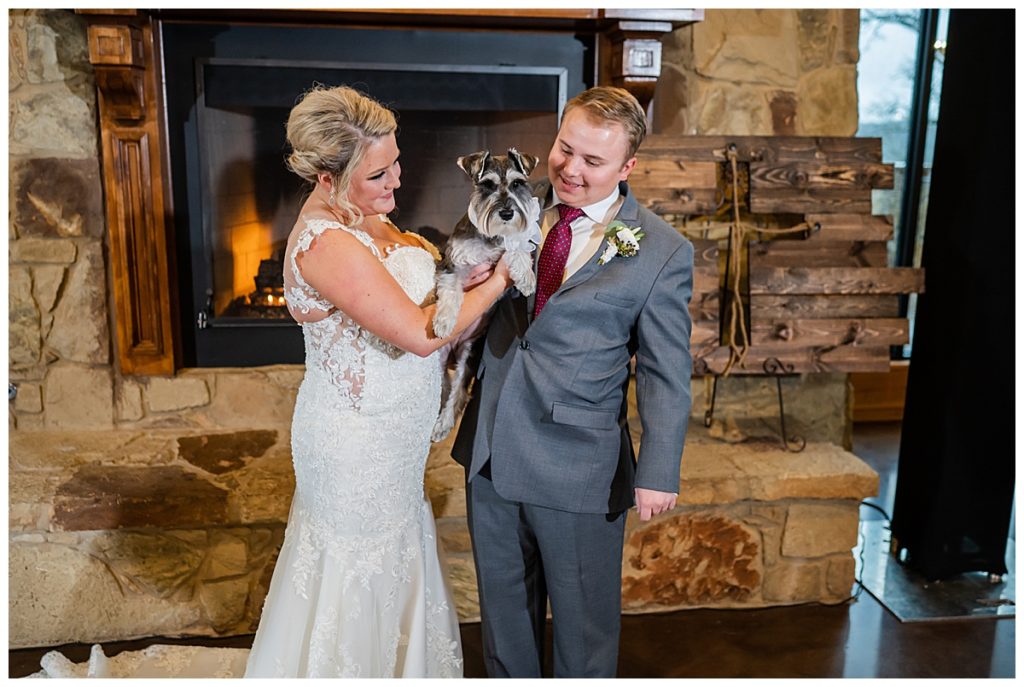 Bride and groom with dog Lodge NYE Wedding photos