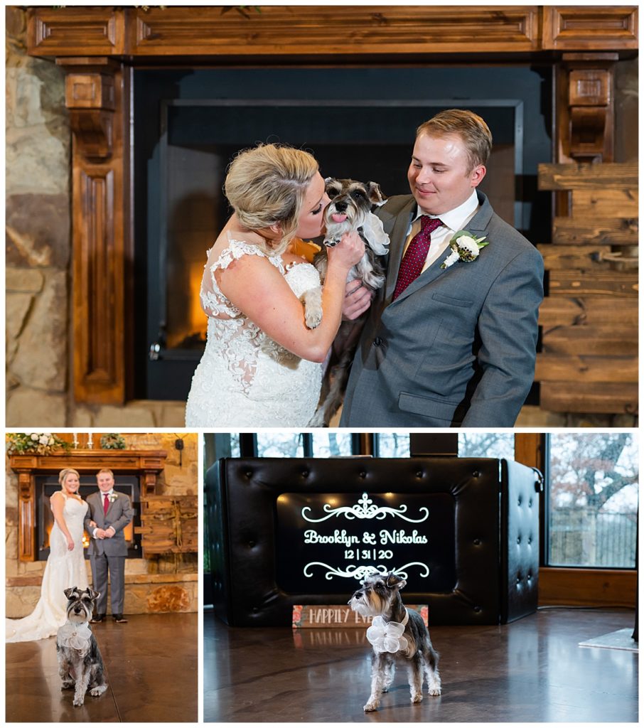 Bride and groom with dog at The Lodge 