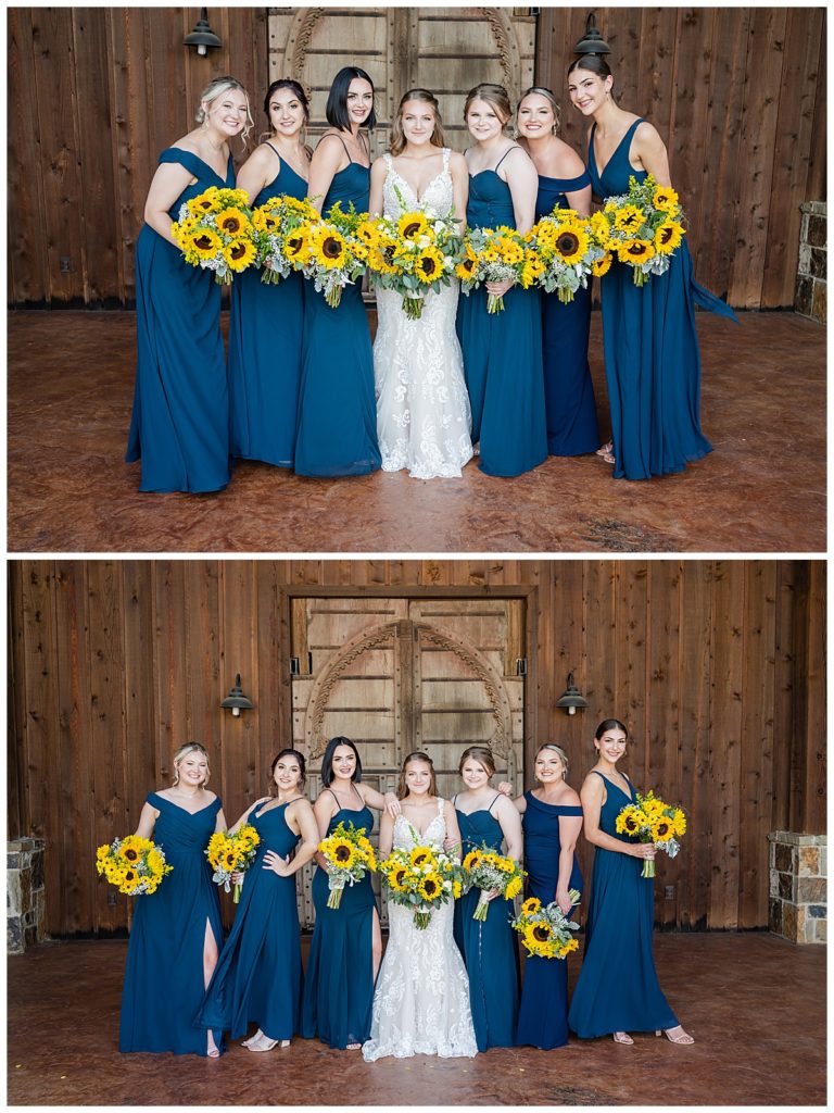 bridesmaids with the bride with sunflower bouquets