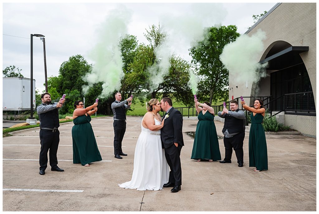 wedding party with smoke bombs at On The Leeve