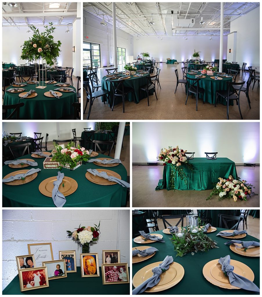 Reception details of emerald green, gray and gold at On The Leeve