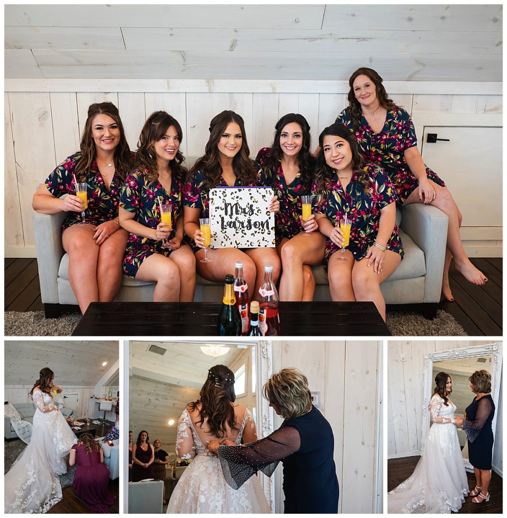 Bride and her bridesmaids and bride's mom helping her get dressed