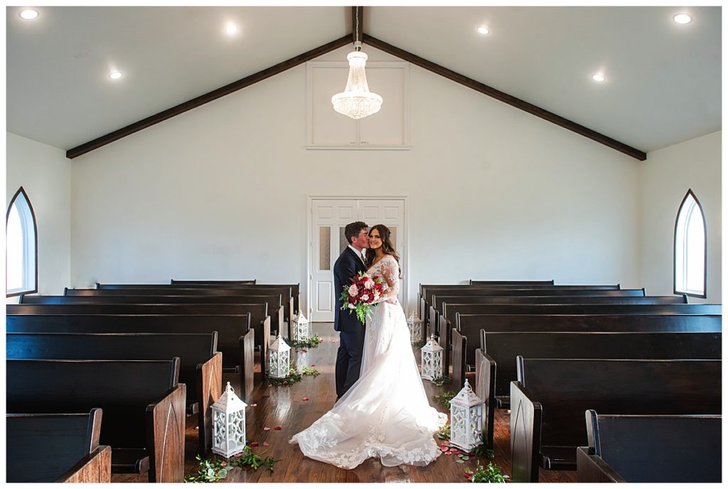 bride and groom in chapel at One Preston Event wedding venue
