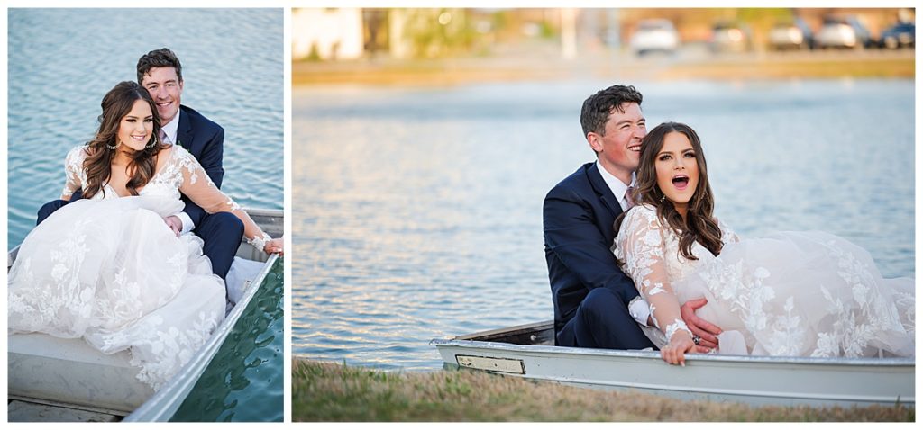 Bride and groom in boat on the pond at One Preston