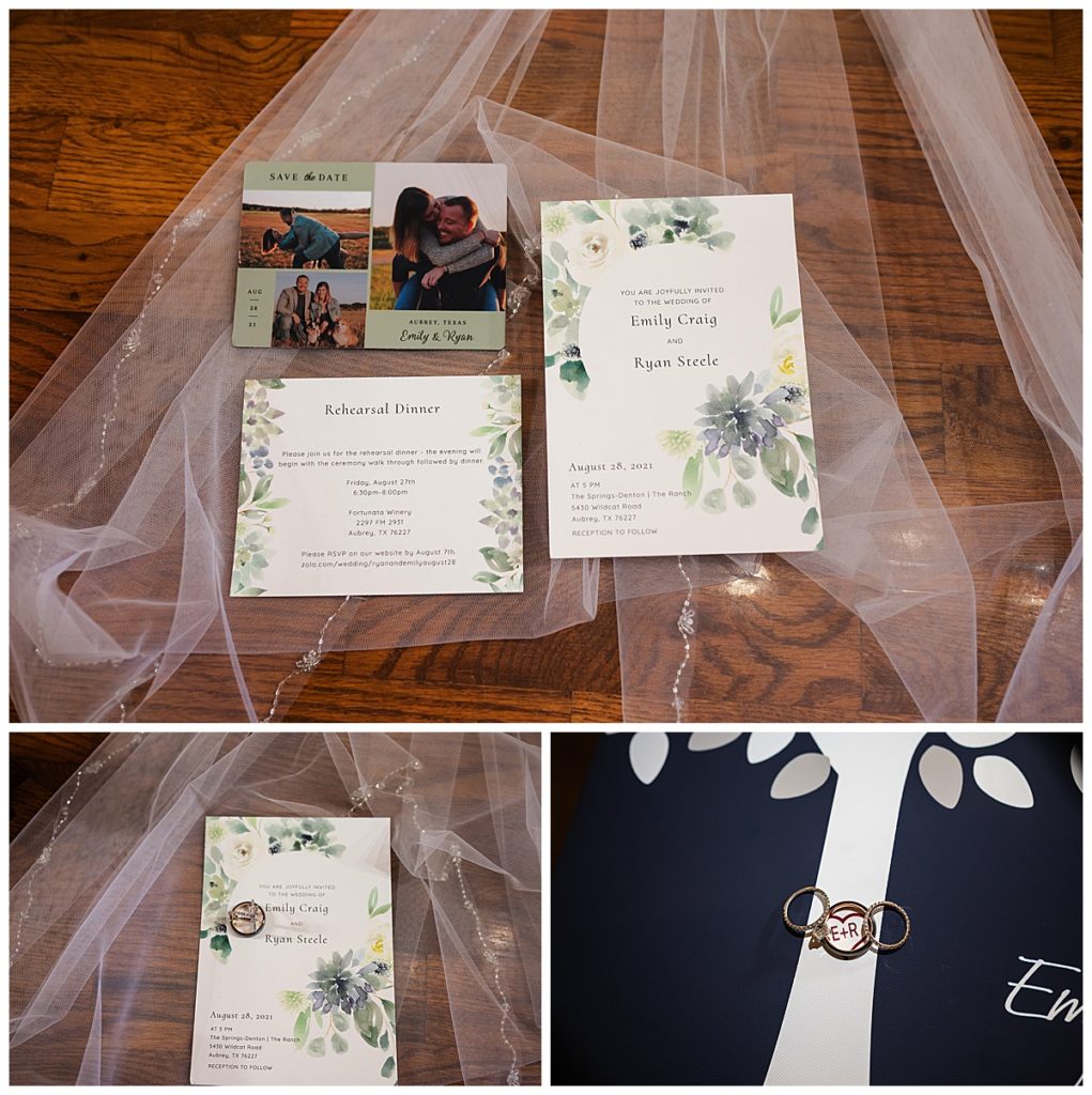 Wedding invitation and close up of rings