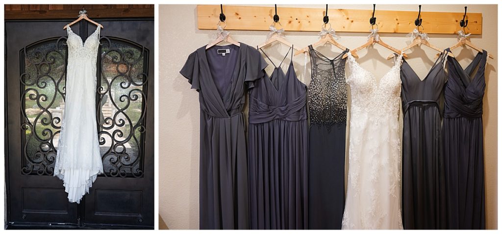 bride and bridesmaid's dresses hanging up