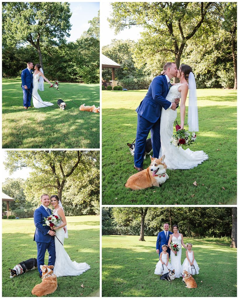 Bride and groom with flower girls and dogs 