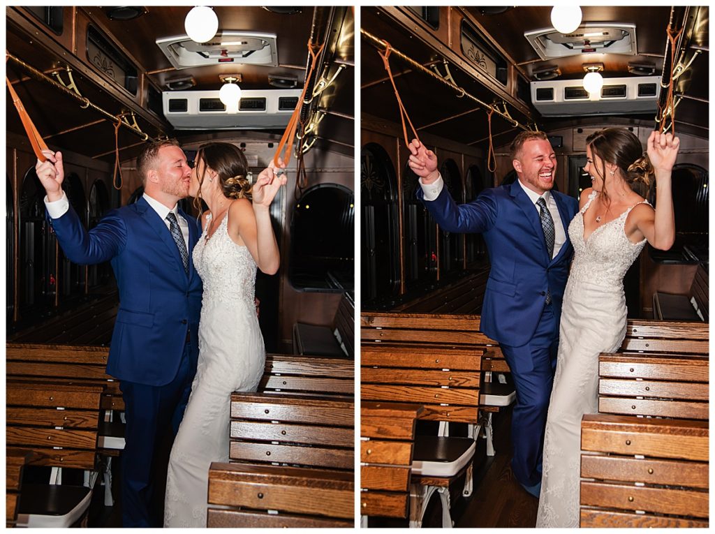 bride and groom in trolley 