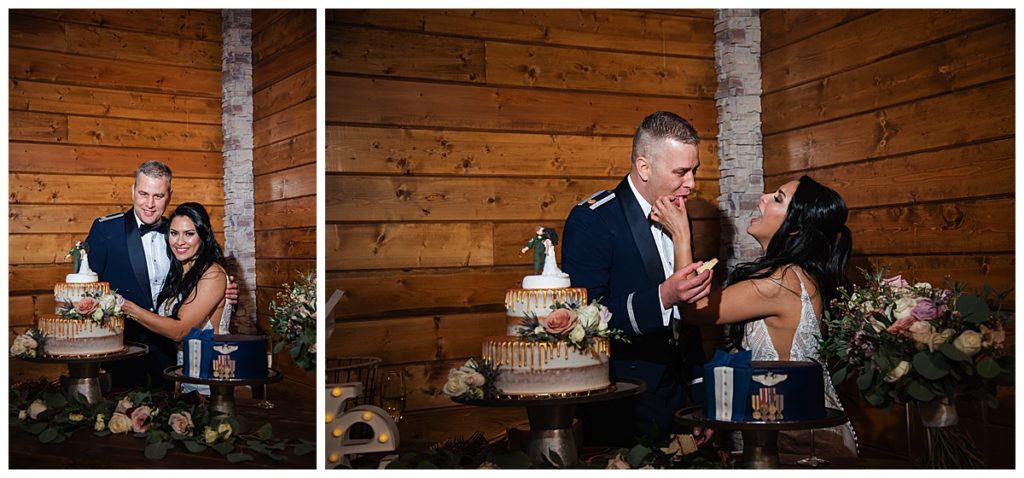Bride and Groom cake cutting photos at Red Barn wedding venue