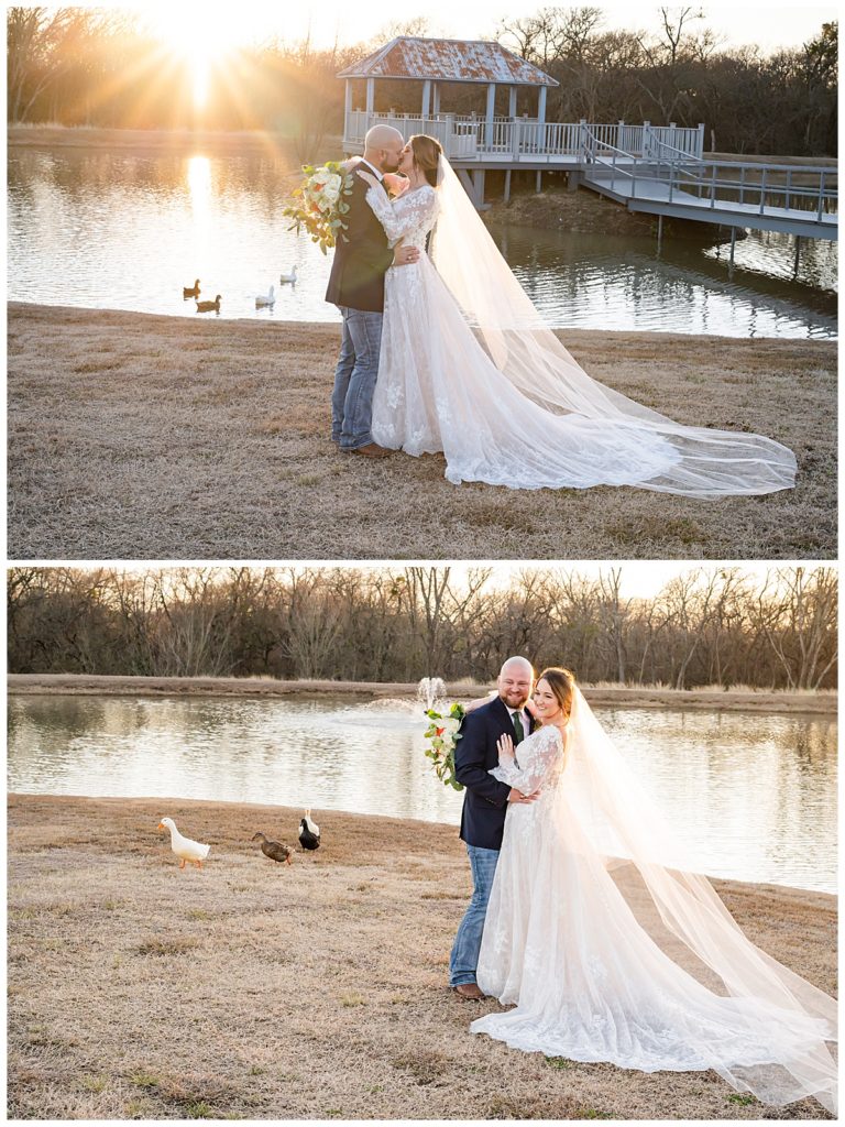 Bride and Groom next to Pond at Roadrunner Ranch 