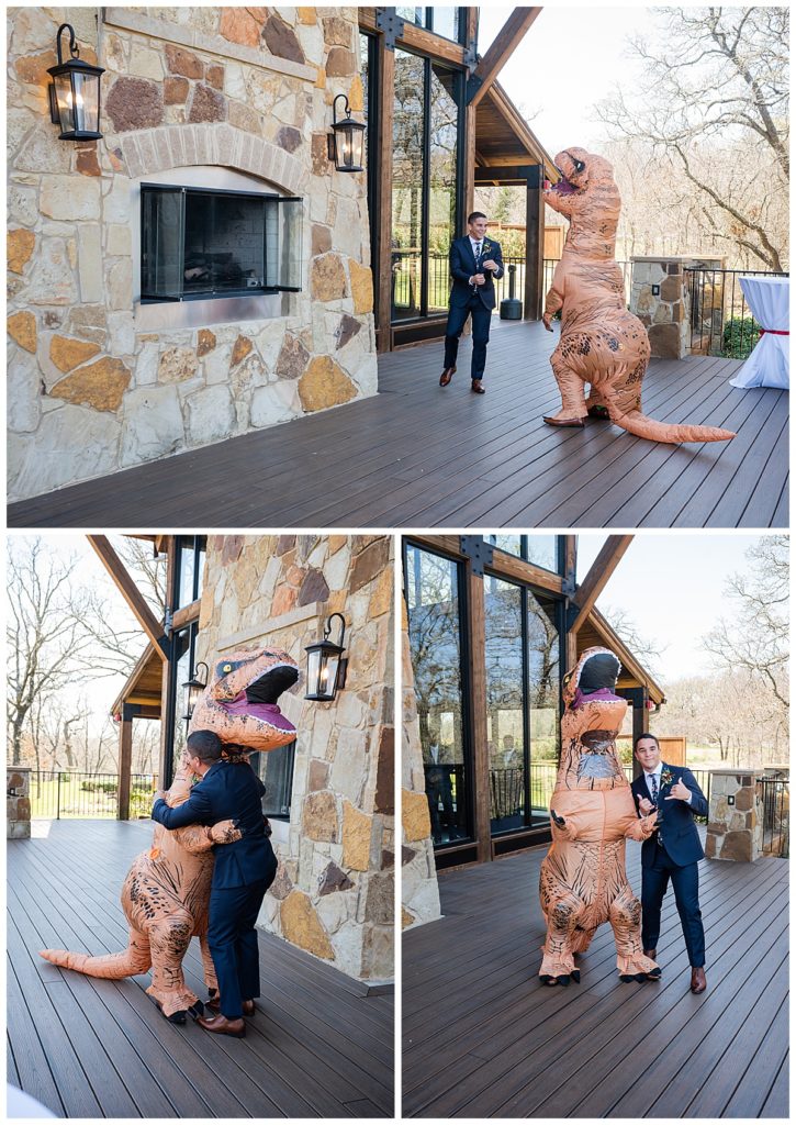 t-rex first look with groom at The Lodge