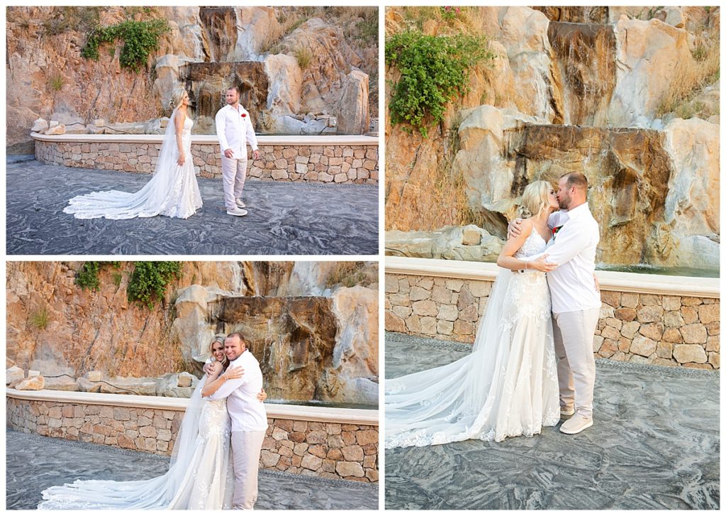 bride and groom first look at Sandos Finisterra wedding 