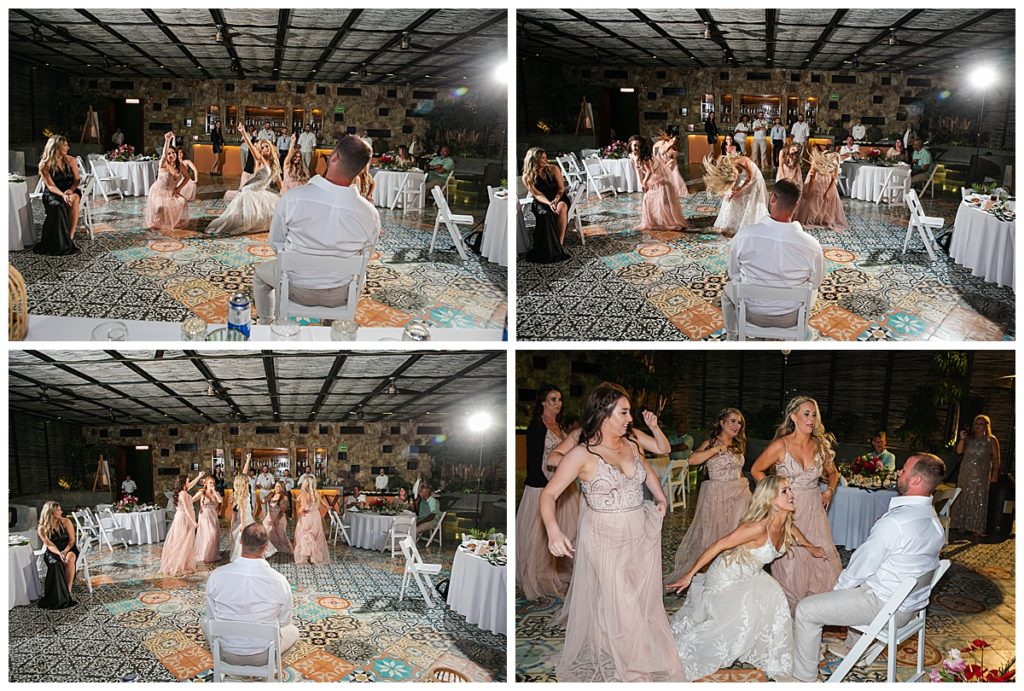 bride and bridesmaids dance for the groom 