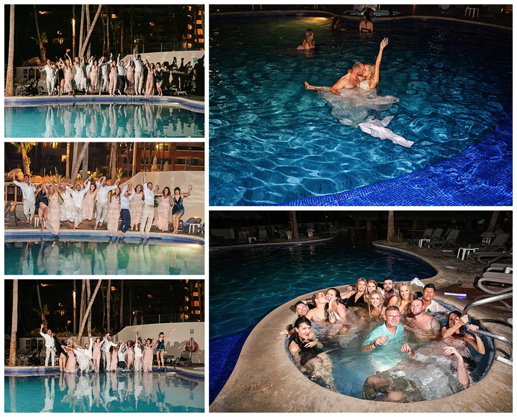 wedding party jumping in the pool after the reception at Sandos Finisterra wedding 