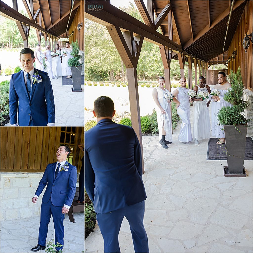 Prank first look with groomsmen in dresses at The Ranch.