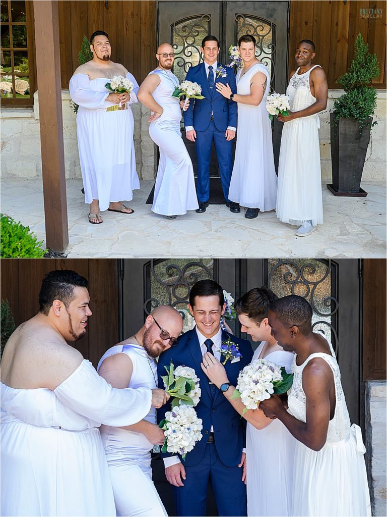 Groom with groomsmen in dresses for a prank at The Ranch