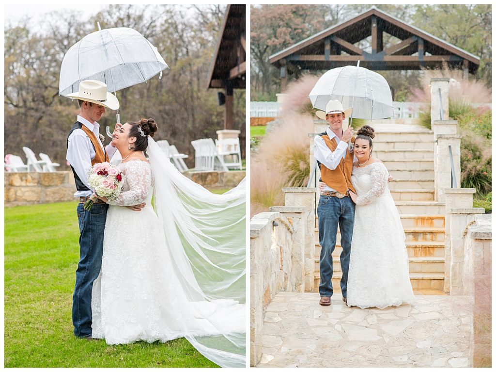 bride and groom with umbrella wedding photos 