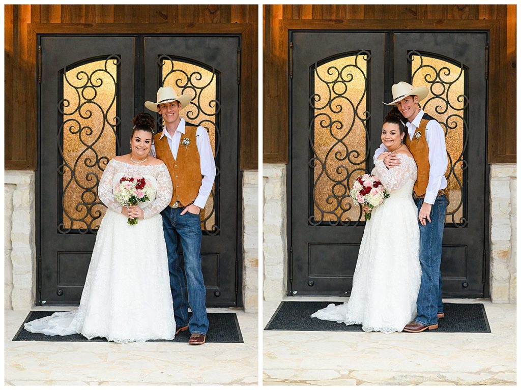 bride and groom in front of doors at the springs 