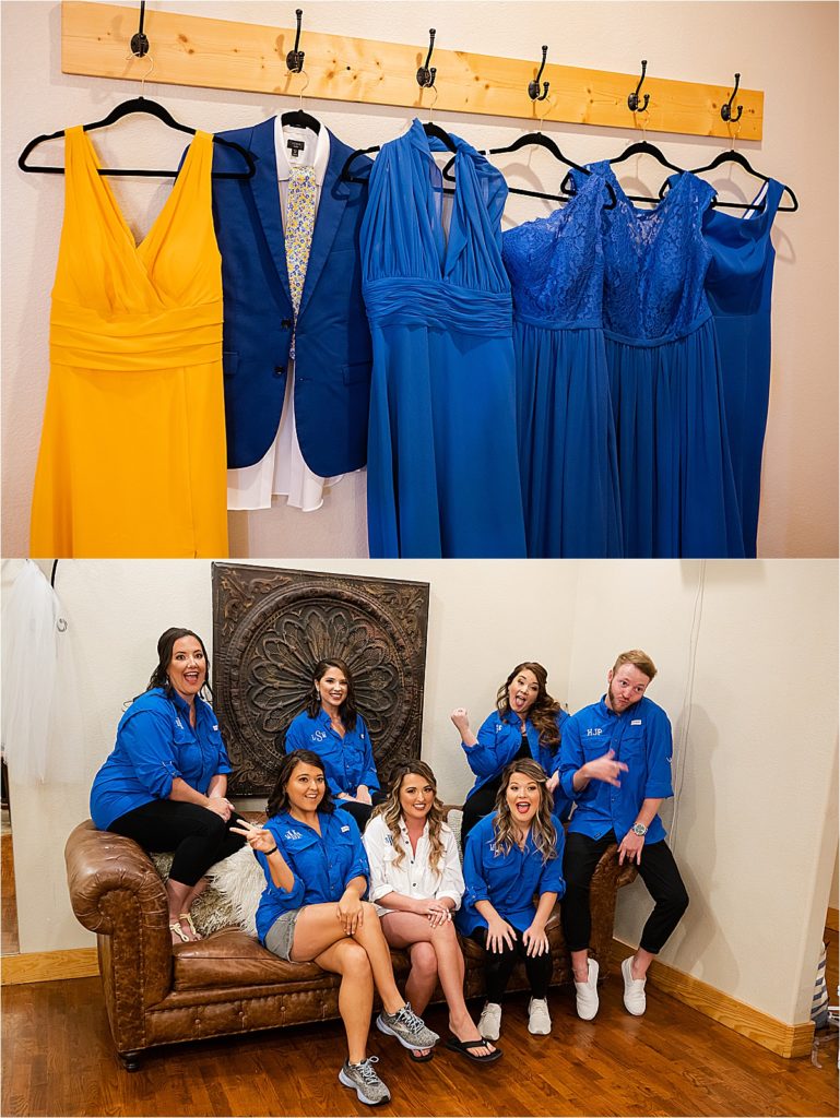 Bridesmaids and Bridesmaid before the ceremony and their dresses and a suit