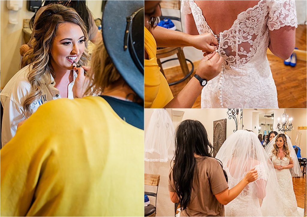 Bride getting final touches and getting into her dress at The Springs Ranch in Aubrey