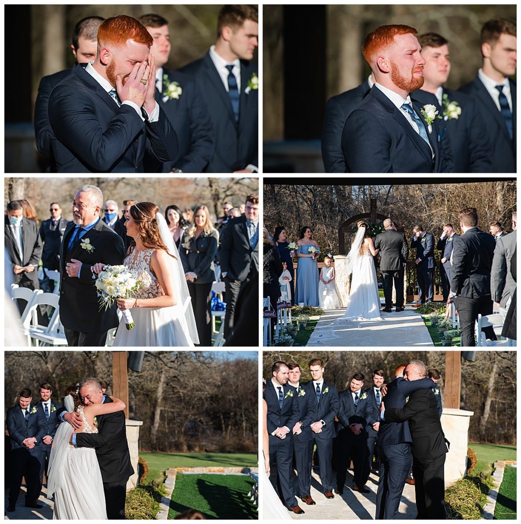 Groom crying when the bride walks down the aisle at The Ranch 