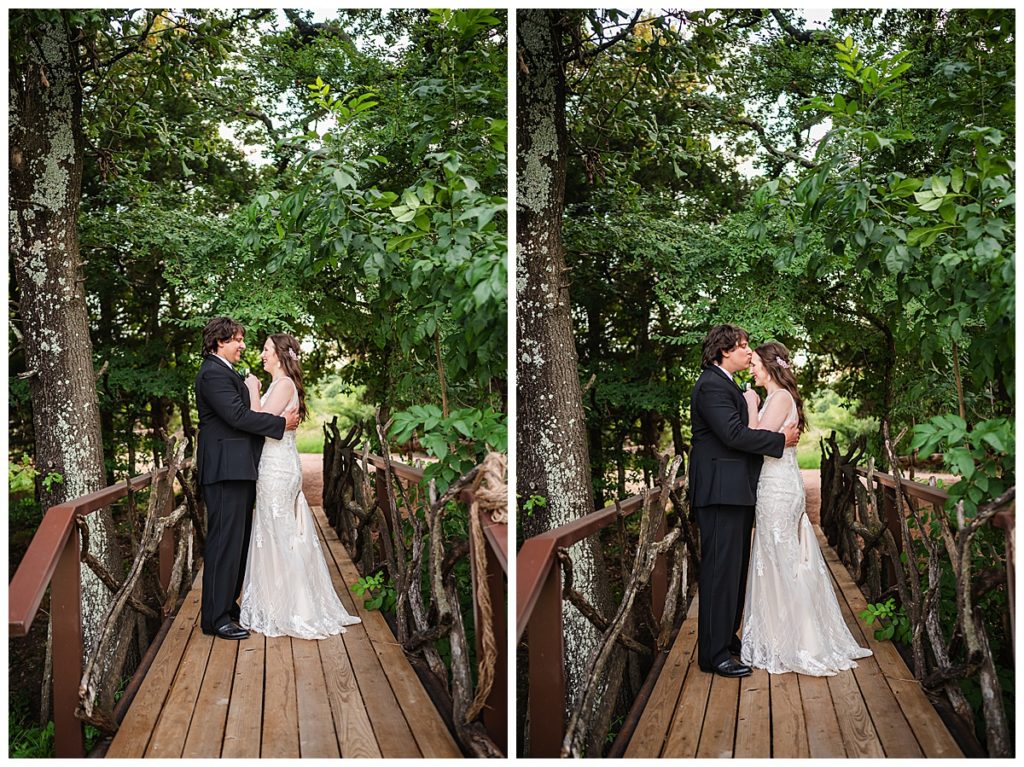 Bride and groom on bridge 