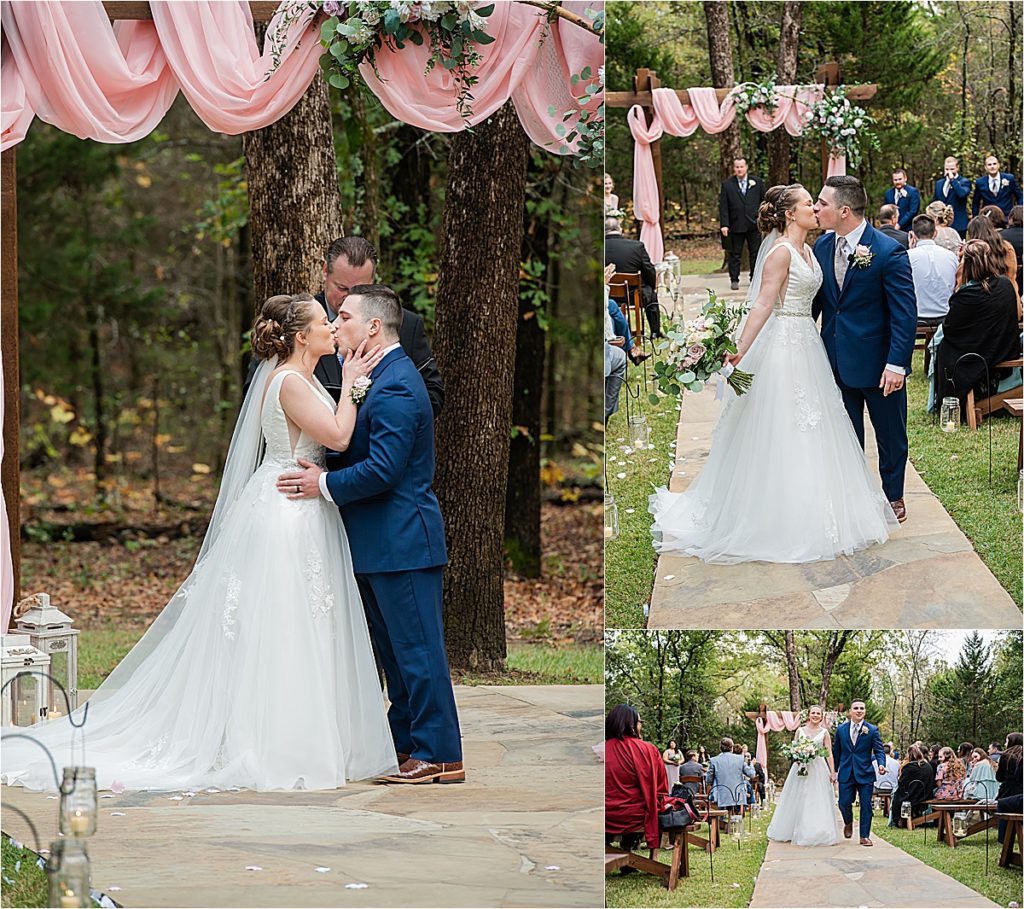 Bride and groom kiss at Whispering oaks